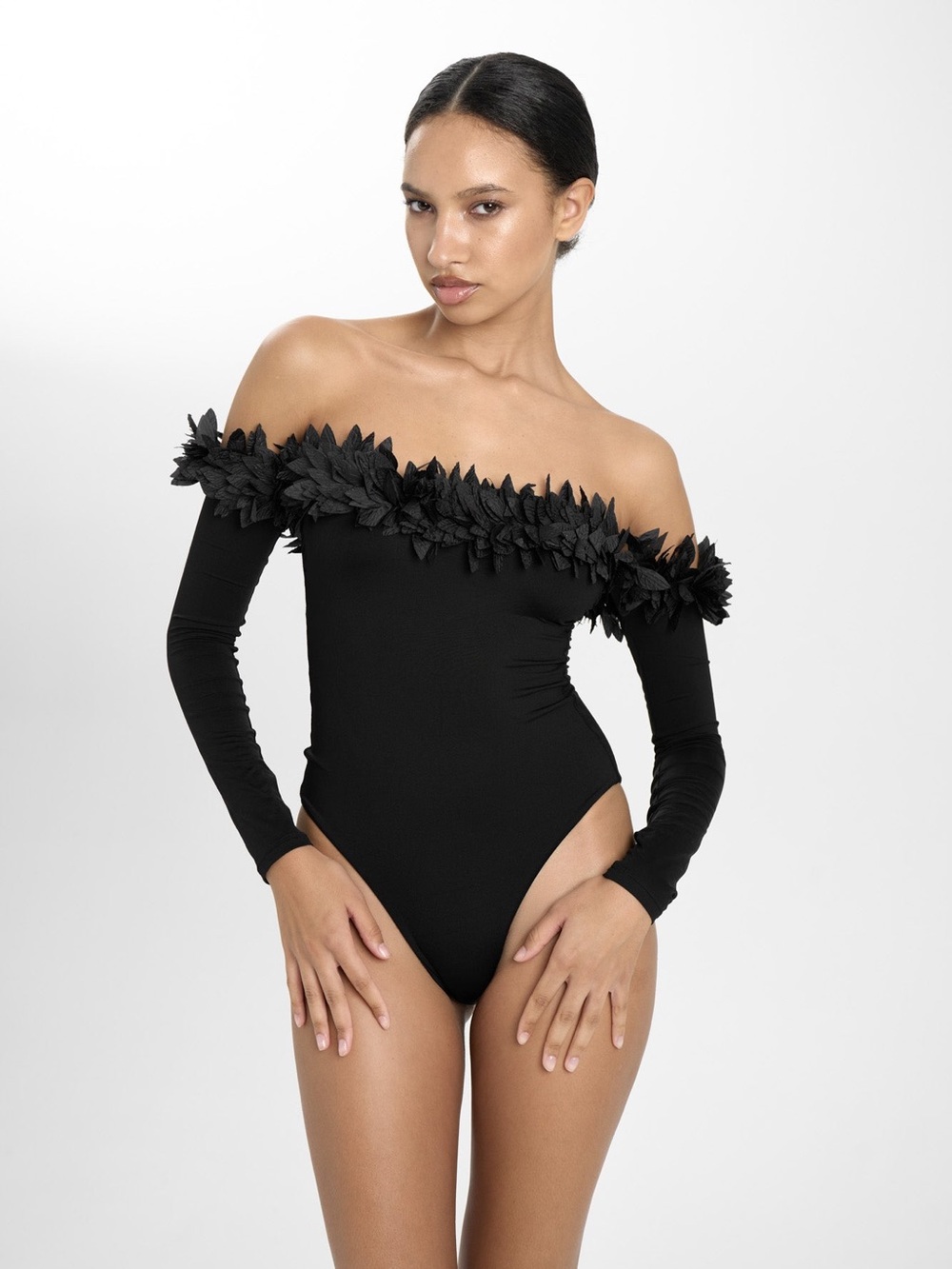 Rania Off-Shoulder Black Floral Trim Long-Sleeve Bodysuit- La Reveche Sz: M
